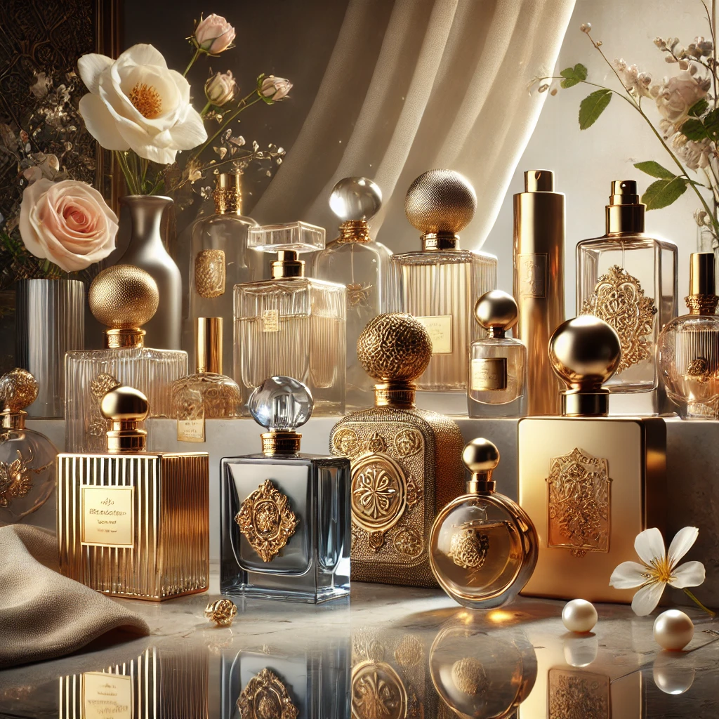 DALL·E 2025-01-20 15.56.17 - A luxurious and elegant still-life composition featuring high-end perfume bottles of various shapes and designs. The scene includes sleek glass bottle